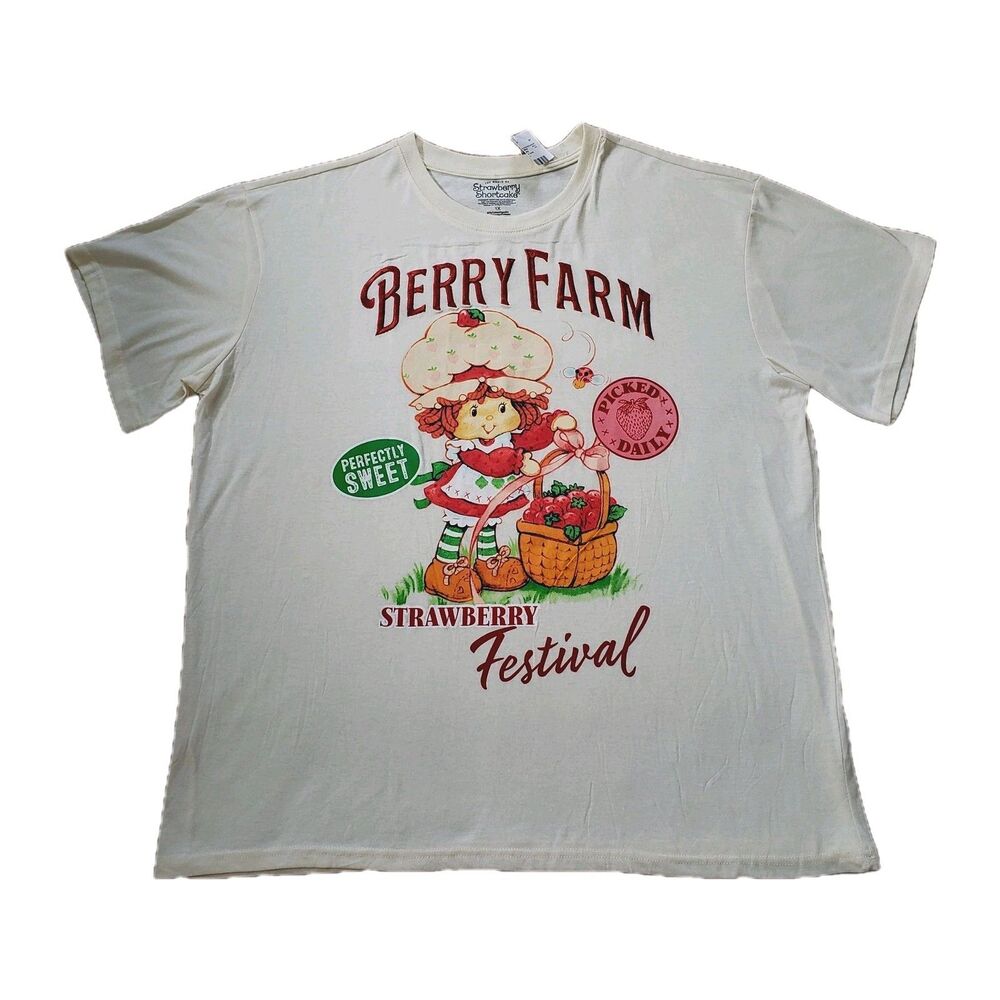 NWT Strawberry Shortcake Berry Farm Embroidered Festival Graphic Tee Taupe 1X